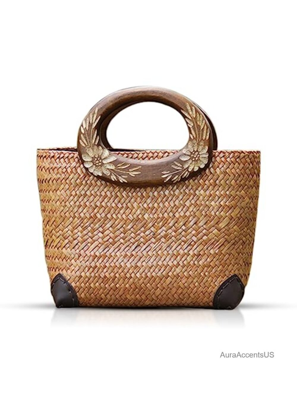 Handmade Rattan Straw Beach Tote Bag with Wooden Handle & Floral Engraving